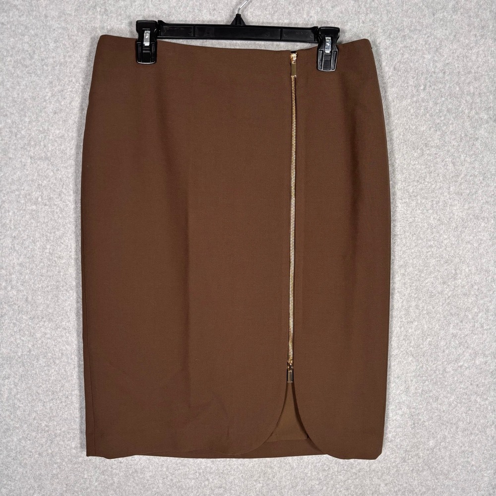 NEW $98 Ann Taylor Pencil Skirt 12 Brown Asymmetrical Gold Zipper Ponte Knit